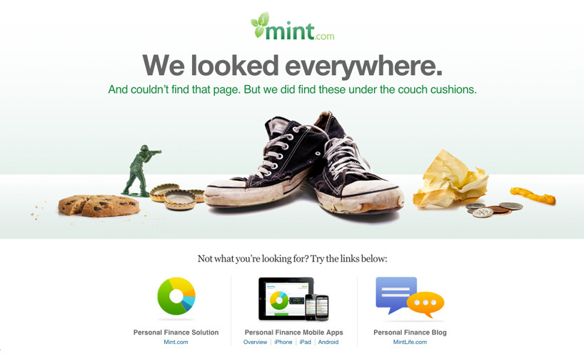 screenshot of Mint's custom 404 error page